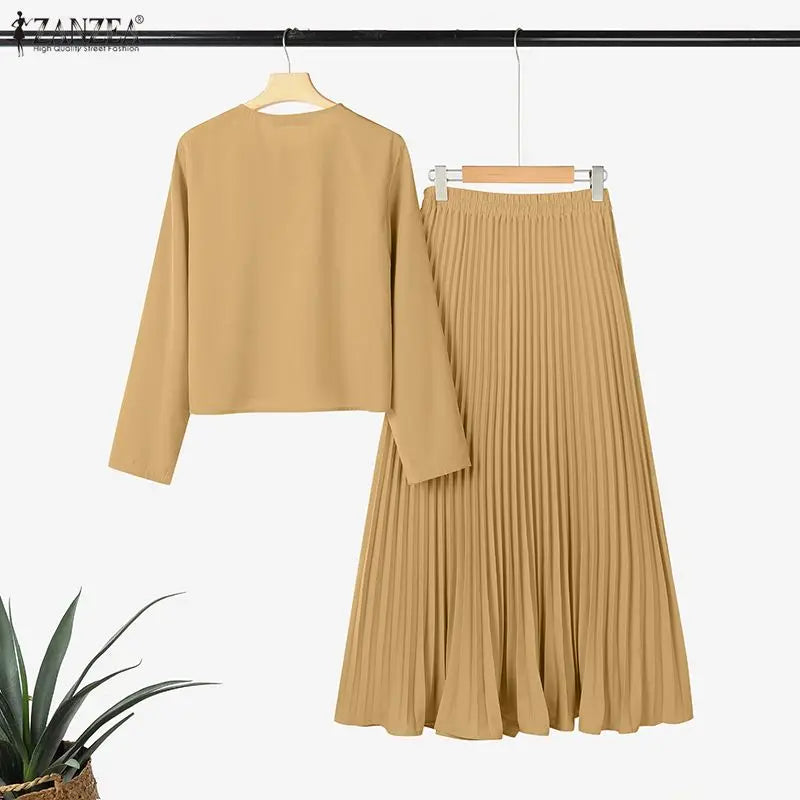 ZANZEA Elegant Muslim Sets Ramadan Outfits Women Autumn Long Sleeve Dress Suit Solid Shirt Long Skirt 2026 Spring Matching Sets
