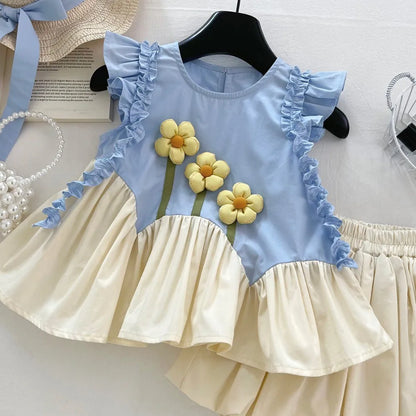 Summer New Flying Sleeve T-shirt Tops + Shorts Two Piece Set Casual 3D Flower Patchwork Girl Clothes Pleated Sweet Kids Wear