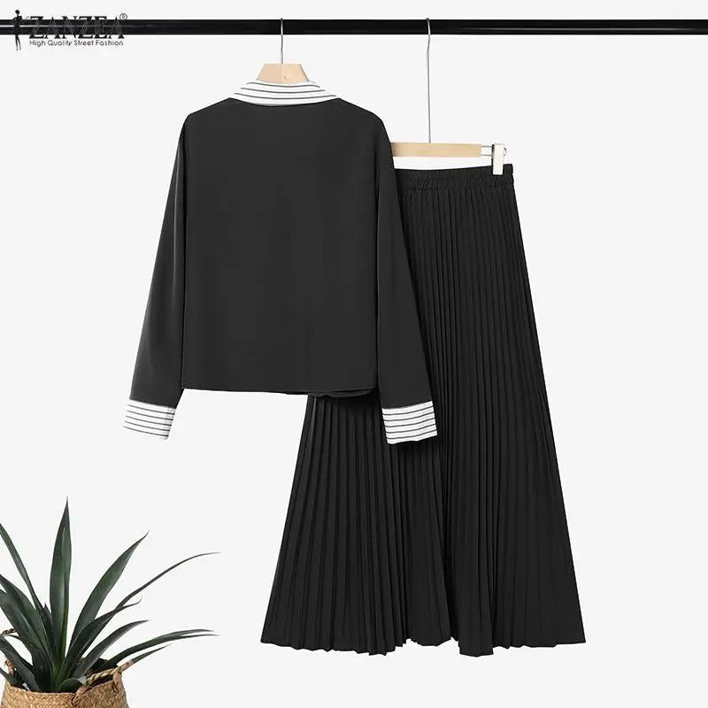 Autumn Outfits ZANZEA Muslim Modest 2 Pieces Sets Elegant Women Striped Patchwork Long Sleeve Shirt With Pleated Maxi Skirt 2026