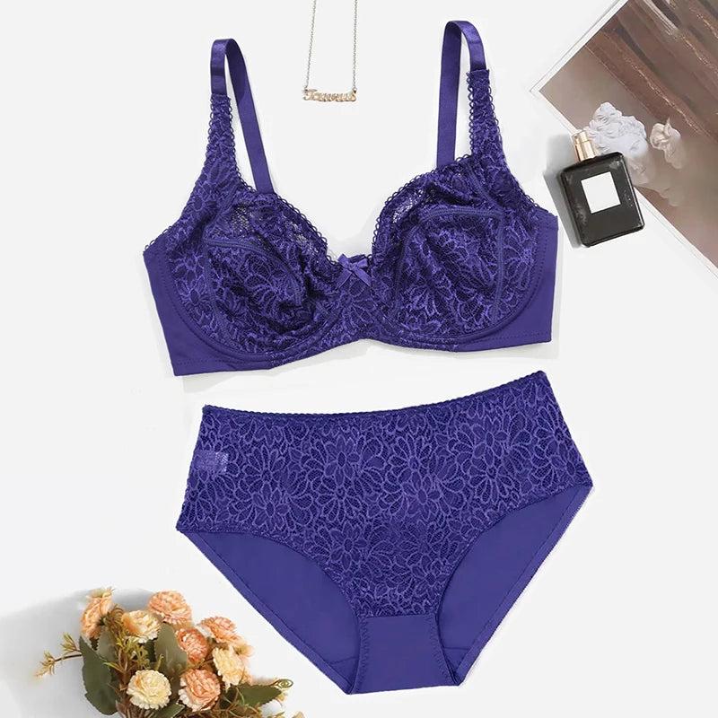 BEAUWEAR Female Big Size Lace Lingerie Set Bra with Wire Unlined Thin Breathable Bra and Panties Set 85C-110E