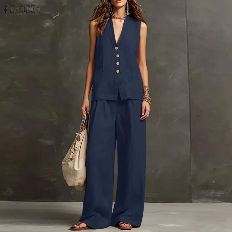 2026 ZANZEA Summer Elegant V Neck Sleeveless Tanks Tops Pant Sets Women 2 Pieces Sets Stylish Solid OL Work Outfits Tracksuit