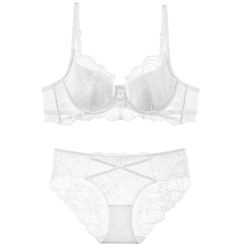 Sexy Hollow Bra French Ultra Thin Lace Embroidery Women Lingerie Set Underwire Push Up Bras Breathable Underwear and Panties Set