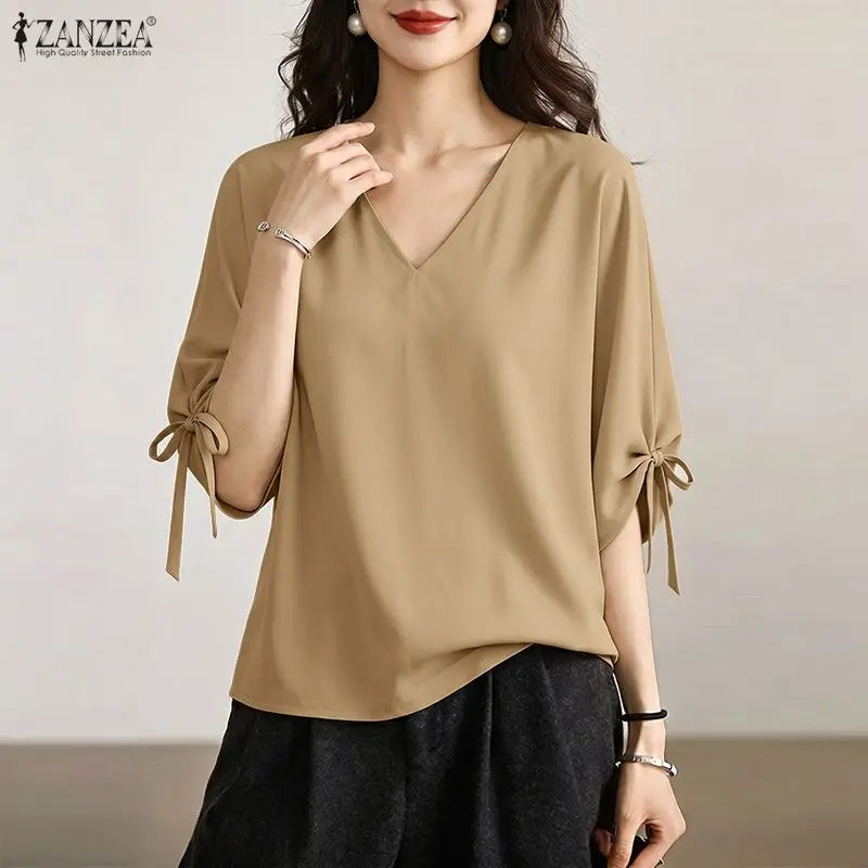 ZANZEA Woman Summer Loose Blouses Casual V-Neck Half Sleeve Tied Cuffs Solid Color Tops Fashion Daily Streetwear Blusas Mujer