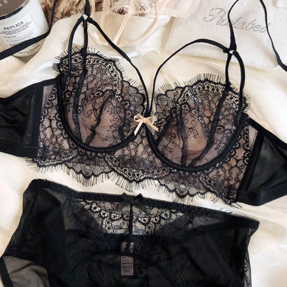 Sexy Hollow Bra Briefs Set French Thin Cup Lace Embroidery Women Underwear Wire Free Bralette Padding Comfort Plus Size Lingerie