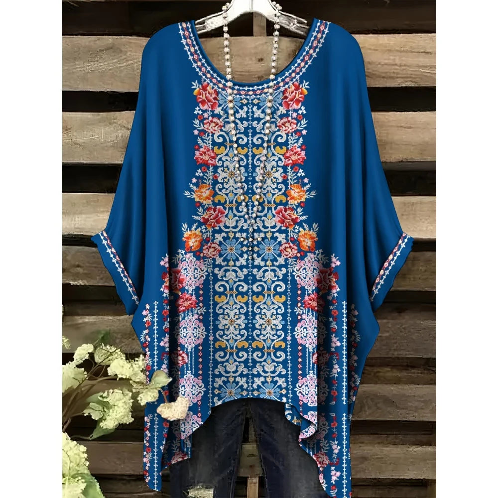 Bohemian Floral Tunic Plus Size Women's Bohemian Floral Print Tunic T-Shirt Short Sleeve Round Neck Casual Top Vibrant 2025