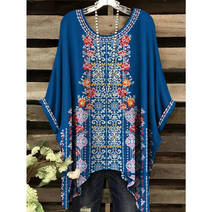 Bohemian Floral Tunic Plus Size Women's Bohemian Floral Print Tunic T-Shirt Short Sleeve Round Neck Casual Top Vibrant 2025