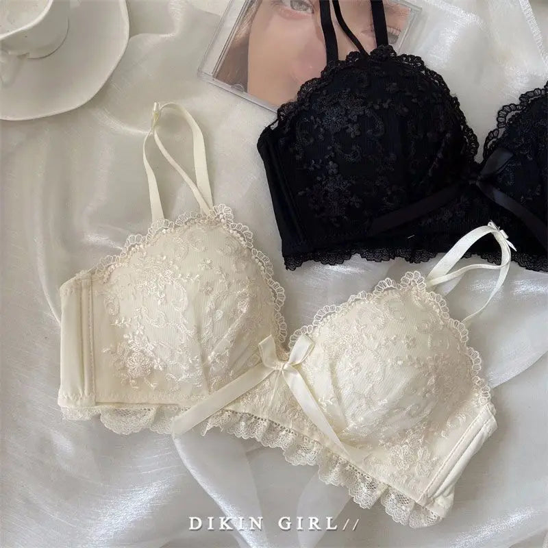 Sexy Lace Embroidered Bra Set with Small Chest Gathered for Collection, Accessory Breasts Without Steel Rims, Underwear Set