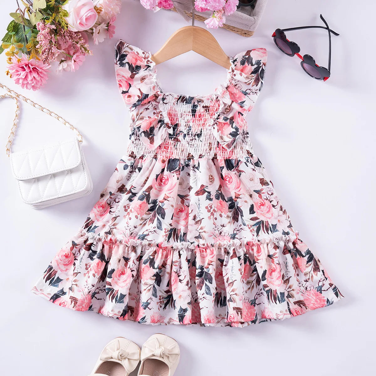 1 - 7 Y Baby Girls Sweet Floral Dress with Ruffled Sleeves & Smocked Waist - Perfect for Party & Summer Wear for Kids Girl Dress