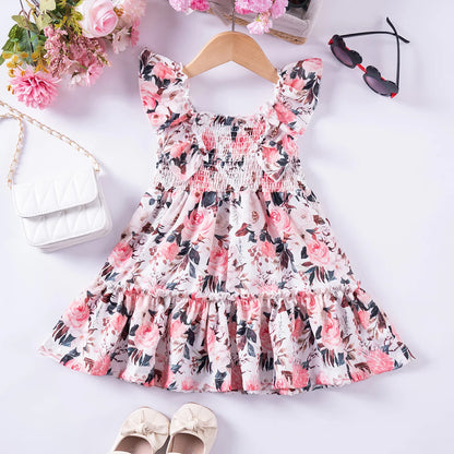 1 - 7 Y Baby Girls Sweet Floral Dress with Ruffled Sleeves & Smocked Waist - Perfect for Party & Summer Wear for Kids Girl Dress