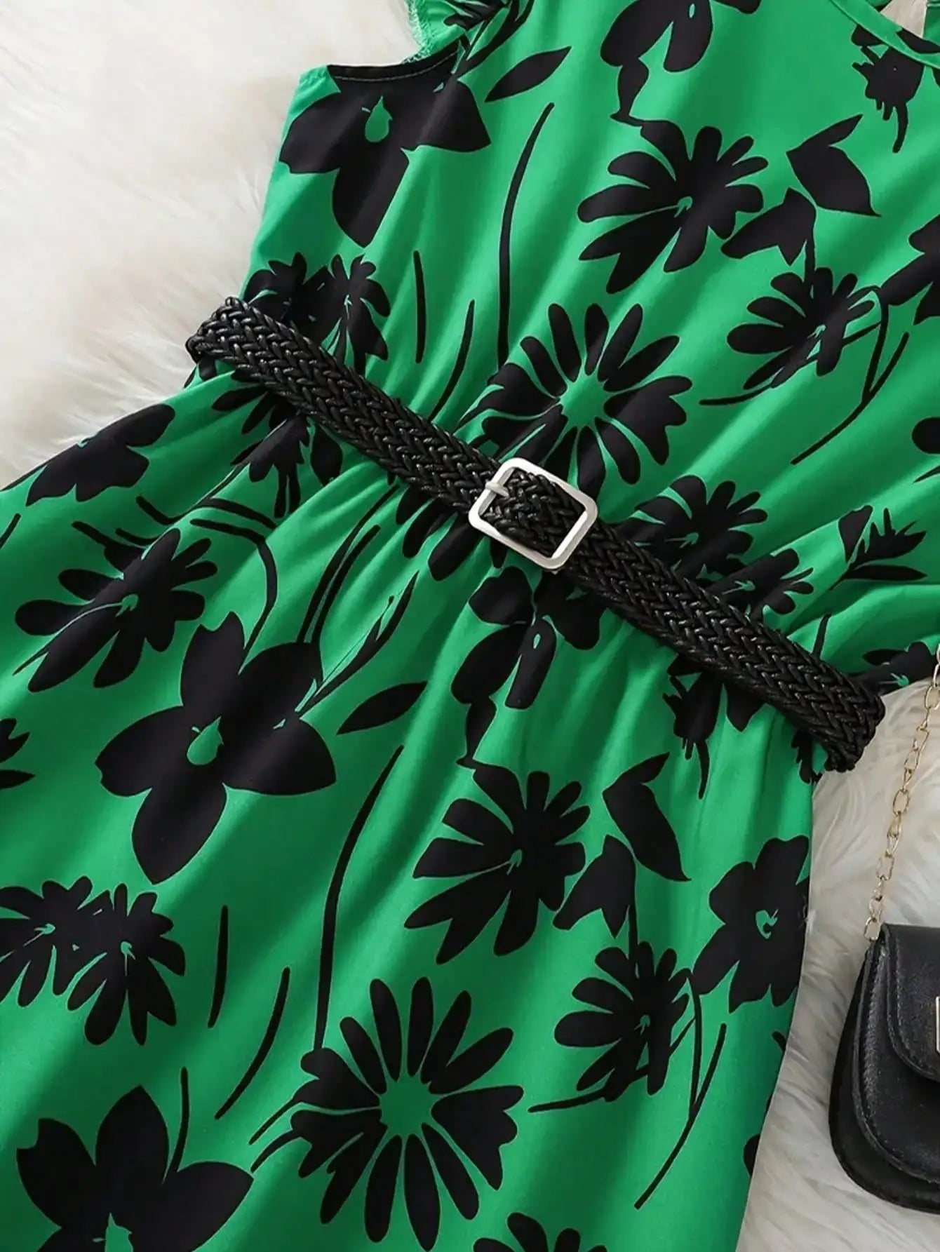 Chic Teenage Girl Green Floral Long Skirt with Belt - Casual Round Neck Ruffle Sleeves, Perfect for Summer, Teenage Jumpsuit