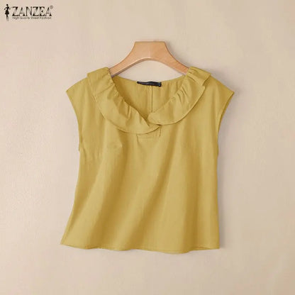 Summer ZANZEA Women Blouse Ruffle V Neck Short Sleeve Cotton Tops Casual Solid Color Blusas OL Work Party Tunic Tee Streetwear