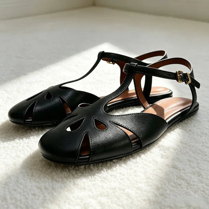 Fashion Hollow Cage-style Flat Sandals for Women Unique T-tied Ankle Strap Buckle Designer Shoes Roman-style Gladiator Sandals