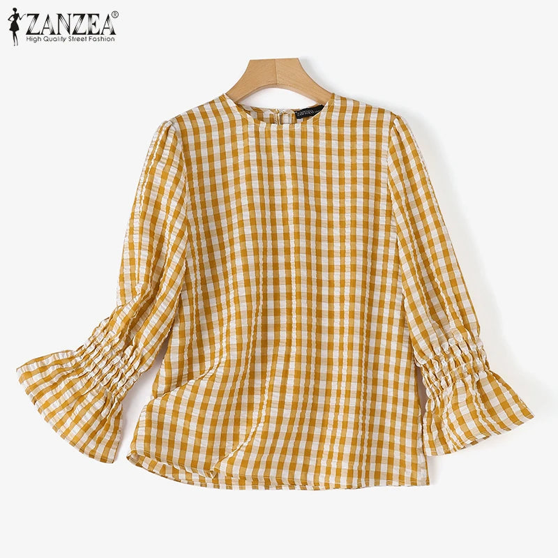 ZANZEA Women's Stylish Gingham Blouses Casual O-Neck Long Sleeve Shirred Cuffs Loose Tops Everyday Wear Going-Out Blusas Mujer 7