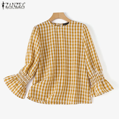 ZANZEA Women's Stylish Gingham Blouses Casual O-Neck Long Sleeve Shirred Cuffs Loose Tops Everyday Wear Going-Out Blusas Mujer 7