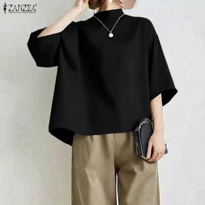 ZANZEA Casual Style High Low Blouses Women 2026 Spring Drop-Shoulder 3/4 Sleeve Stand Collar Solid Tops Fashion Woman Clothes