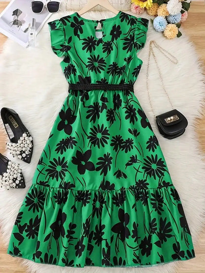 Chic Teenage Girl Green Floral Long Skirt with Belt - Casual Round Neck Ruffle Sleeves, Perfect for Summer, Teenage Jumpsuit
