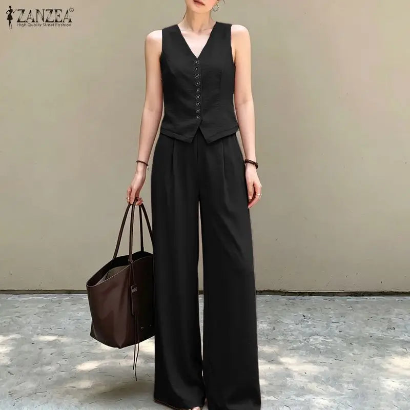ZANZEA Women Elegant 2-Piece Matching Sets Sleeveless Vests & Wide Leg Pants 2pcs Pant Sets Summer Office Lady Work Suits Outfit
