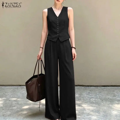 ZANZEA Women Elegant 2-Piece Matching Sets Sleeveless Vests & Wide Leg Pants 2pcs Pant Sets Summer Office Lady Work Suits Outfit