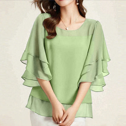2025 ZANZEA Fashion Women Chiffon Blouse Solid Color Tops Tunic Autumn 3/4 Sleeve Ruffled Shirts Casual Office Lady Elegant Tops