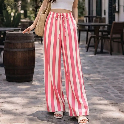 ZANZEA Women Casual Trousers Summer Bohemian Holiday Pants Elastic Waist Baggy Pantalon Vintage Lace -Up Striped Beach Palazzo
