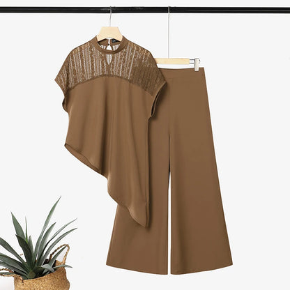ZANZEA Women Elegant 2-Piece Pant Sets Lace Patchwork Asymmetrical Hem Blouse & Wide Leg Pant Matching Sets Loose Chic Co-ords