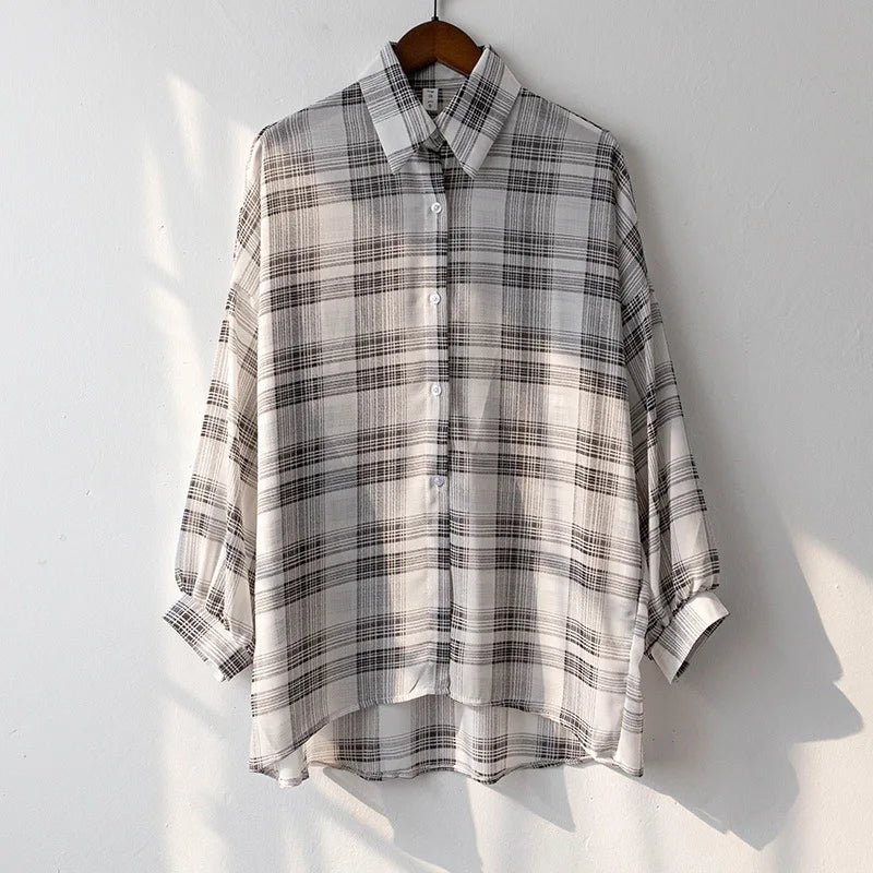 Sheer Chiffon Plaid Shirt for Women Ovesized Collared Button-down Blouse Summer Laides Slouchy Casual Outfit