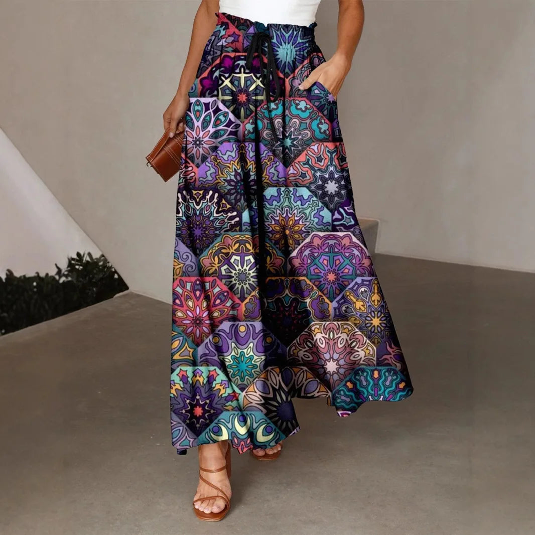 Colorful Feather Printed Wide Leg Pants Women's Elapsed Waist Pleated Pocket Design Loose Draped All-match Casual Pants
