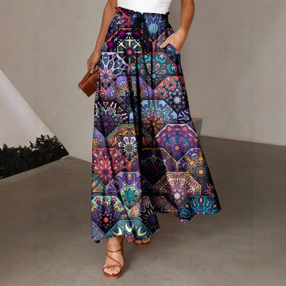 Colorful Feather Printed Wide Leg Pants Women's Elapsed Waist Pleated Pocket Design Loose Draped All-match Casual Pants