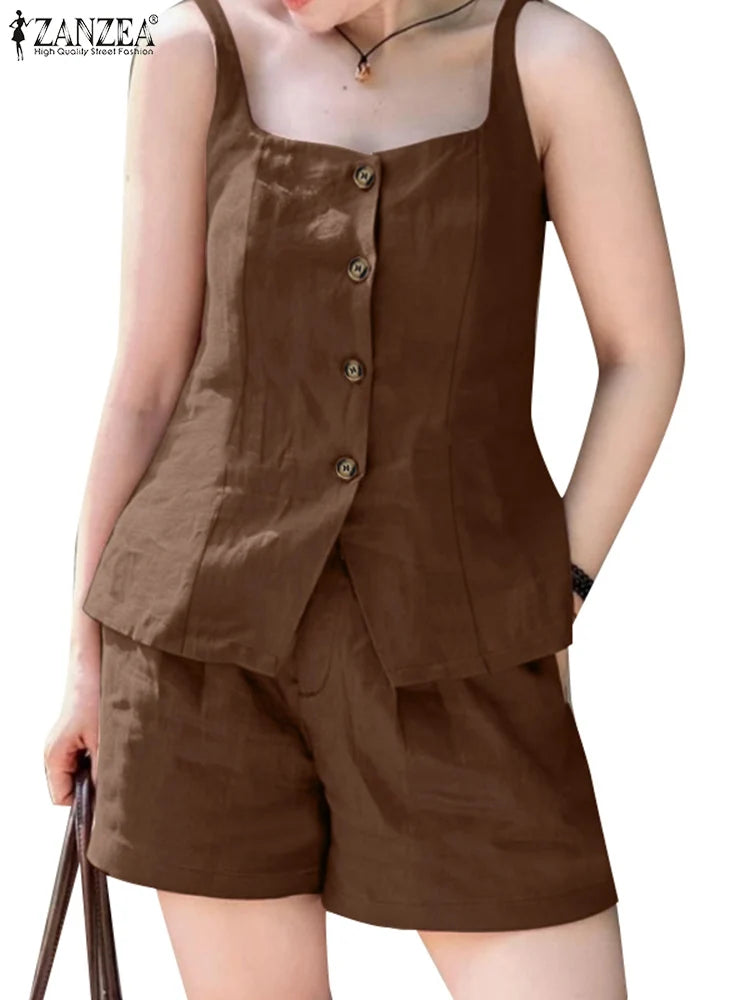 2025 ZANZEA Summer Elegant Sleeveless Vests Tops Shorts Sets Women 2PCS Holiday Outfits Stylish Solid Tracksuits Two Pieces Set