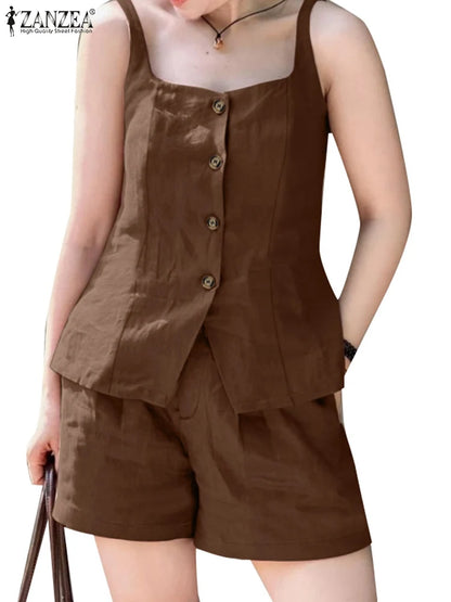 2025 ZANZEA Summer Elegant Sleeveless Vests Tops Shorts Sets Women 2PCS Holiday Outfits Stylish Solid Tracksuits Two Pieces Set