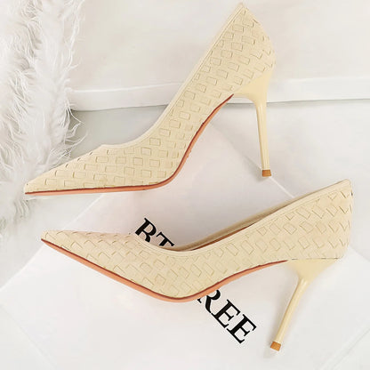 BIGTREE Shoes Grid Suede Design Women Pumps Stiletto 9.5 CM Sexy Party Shoes Pointed Tip High Heels Ladies Shoes Office Shoes