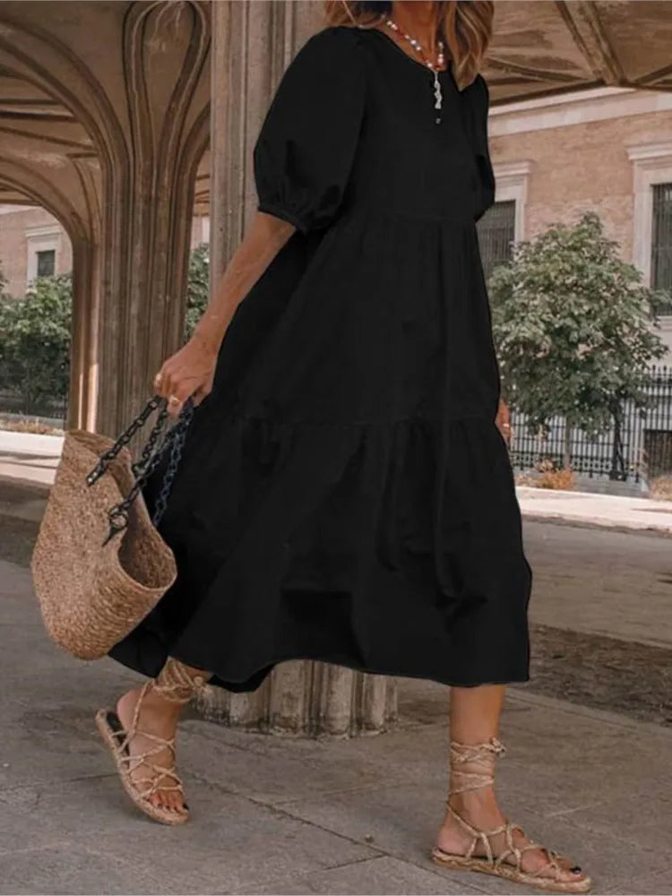 Summer New Solid Color Short Sleeved Loose For Women's Dresses Fashion Casual Patchwork Retro Beach Holiday Maxi Female Sundress