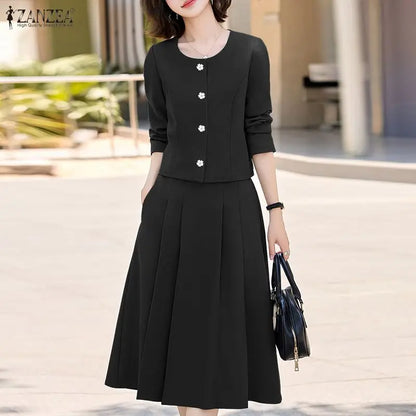 2026 ZANZEA Office Women Outfits 2 Piece Sets Spring Fashion O Neck Long Sleeve Shirt Dress Sets Elegant OL Work Midi Skirt Suit