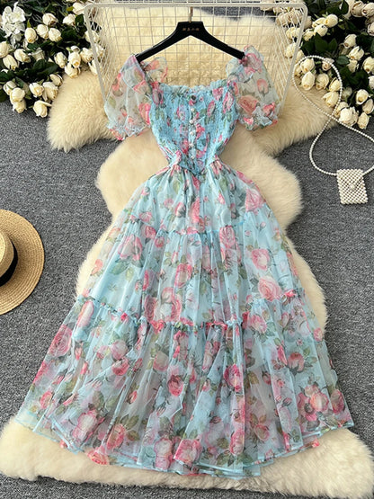 Summer Vintage French Mesh Dress for Women New Waist Cinched Slash Neck Bubble Sleeves Sweet Floral Chiffon Dress Female C146