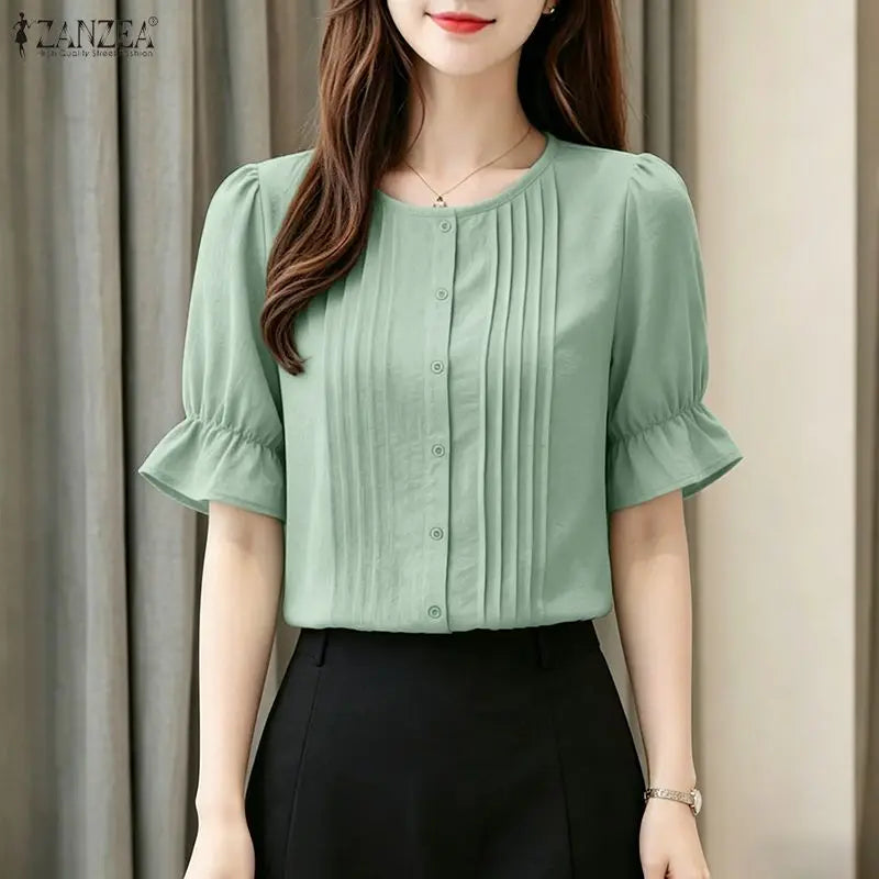 ZANZEA Women Elegant Pintuck Detailing Blouses Summer Casual Short Sleeve Tops Commute Solid Color O-Neck Button Up Blusas Mujer