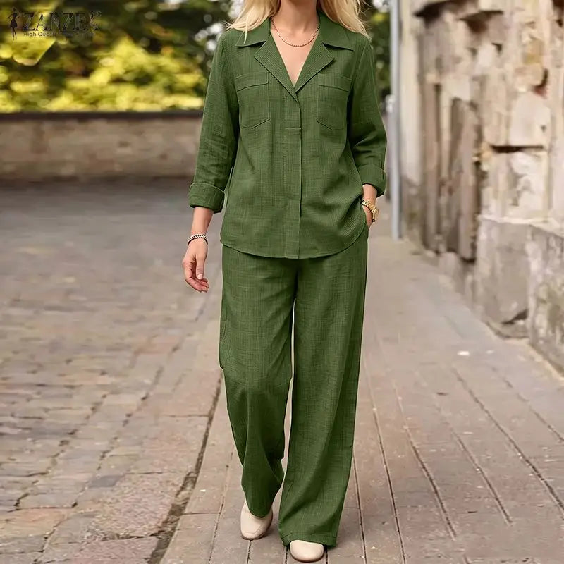 ZANZEA Women Casual Pant Sets Lapel Neck Long Sleeve Blouse & Elastic Waist Pants 2pcs Matching Sets Autumn OL Work Solid Co-ord