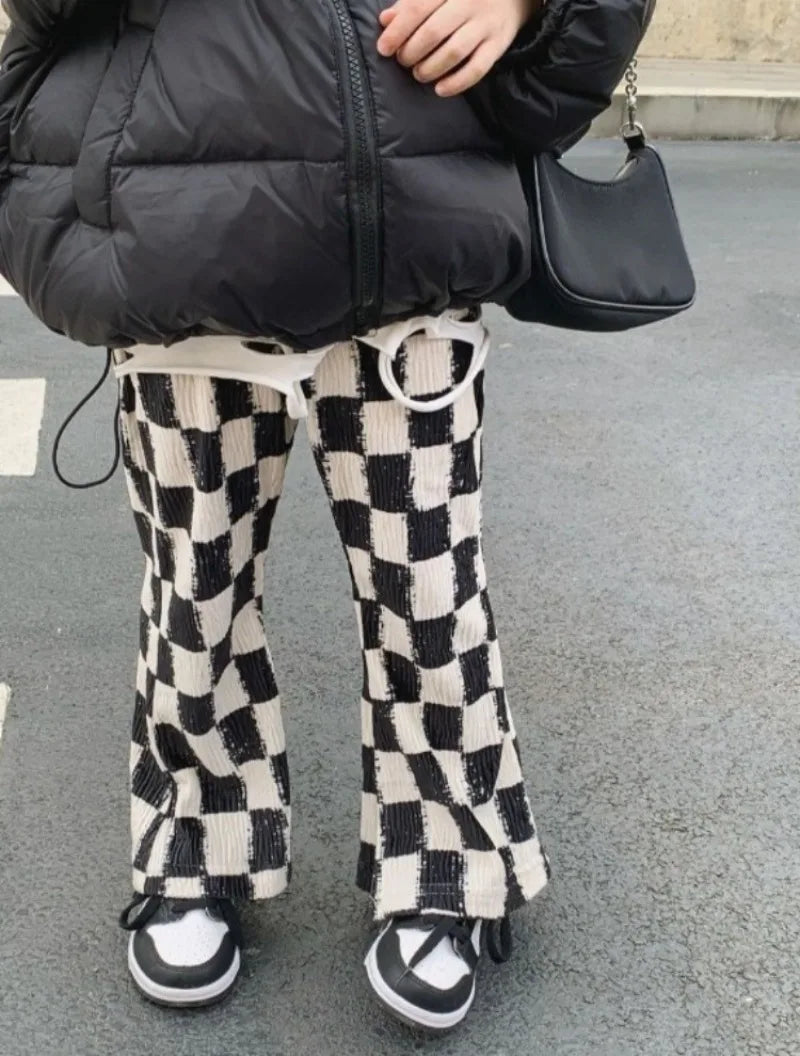 New Girls' Spring Fall Lined Checkered Flared Pants Thickened Thermal Playwear for Kids