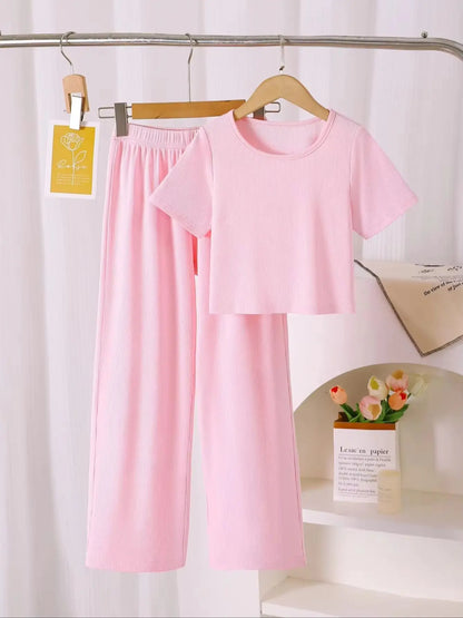 Girls Summer Outfit Short Sleeve Top And Long Pants Two-Piece Set Fashionable Casual Versatile Travel Clothing for Kids