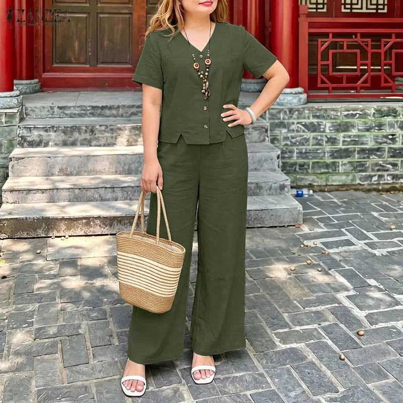 ZANZEA Women's Casual Pant Sets Summer Wide Leg Pant & V-Neck Short Sleeve Shirt 2 Pieces Suits Commute Solid Color Outfits