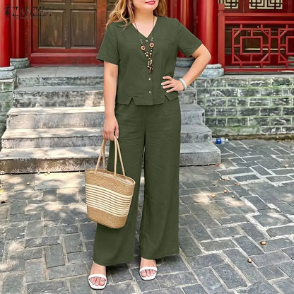 ZANZEA Women's Casual Pant Sets Summer Wide Leg Pant & V-Neck Short Sleeve Shirt 2 Pieces Suits Commute Solid Color Outfits