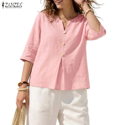 ZANZEA Women Breathable Cotton Linen Blouses V-Neck Half-Sleeve Loose Plain Tops Summer Daily Casual Vacation Beach Blusas Mujer