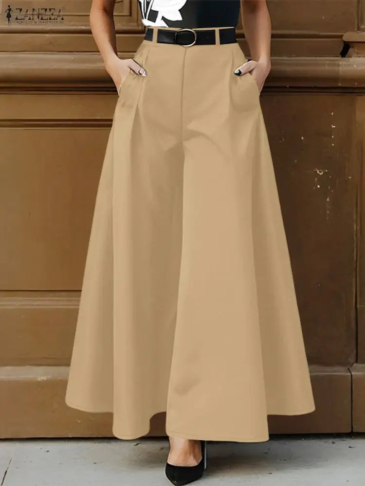 ZANZEA Stylish Women's Wide Leg Pants Elegant High Waist Loose Solid Color Trousers 2025 Autumn Commuting Streetwear S-3XL
