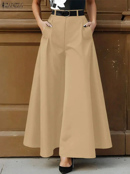 ZANZEA Stylish Women's Wide Leg Pants Elegant High Waist Loose Solid Color Trousers 2025 Autumn Commuting Streetwear S-3XL