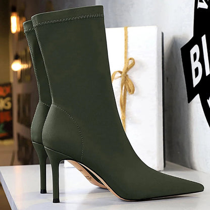 BIGTREE Shoes Stiletto Sexy Elastic Boots Women Shoes Sexy Stretch Fabric Ankle Boots Pointed Tip High Heels Boots Plus Size 43