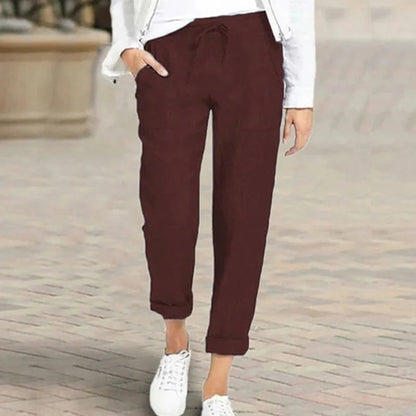 Lucyever Casual Cotton Linen Pants Women Spring Summer High Waist Elastic Ankle-Length Pants Female Solid Pockets Harem Trousers