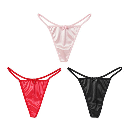 1/3Pcs Women Satin Thong Underwear Sexy Low Waist Bow G-string Cotton Crotch T-back Panties M-2XL