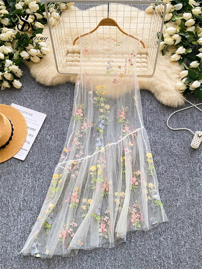 SINGREINY Holiday Floral Embroidery Long Dress 2026 Women O Neck Sleeveless Loose Irregular Summer French Mesh Bohemian Sundress