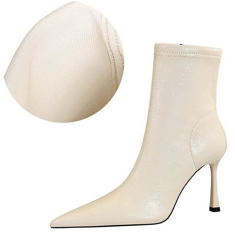 BIGTREE Shoes White Women's Boots Side Zipper Leather Boots High Heels 9 Cm Spring New Ladies Ankle Boots Stilettos Short Boots
