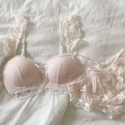 European Style Japanese Lingerie Set, Sweet Heart Pattern Bralette Small Breasts, Comfortable Wireless Anti-Sagging Bra & Brief