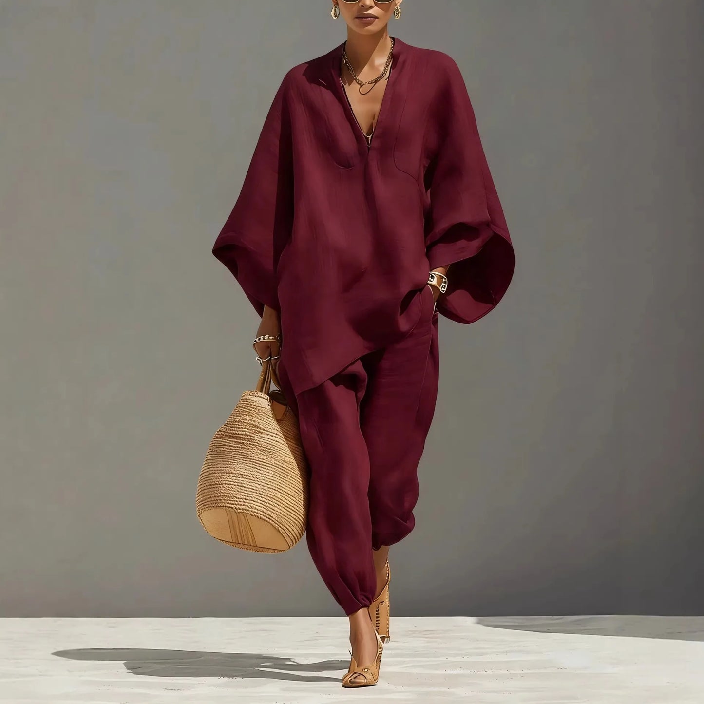 European and American Relaxation Solid Color V-neck Bat Sleeve Loose Top + Bow Leg Casual Pants Holiday Style Elegant Suit